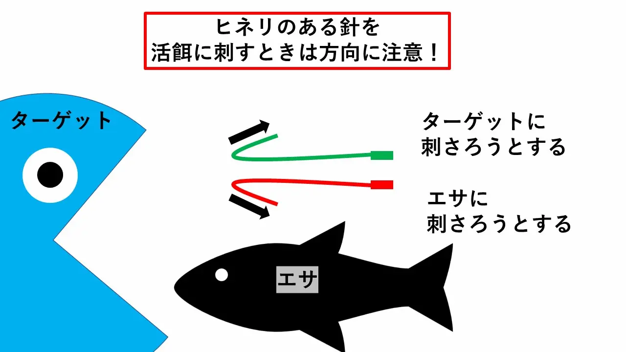 ヒネリ付きの針をつけたエサを魚がマルのみする場合のシミュレーション