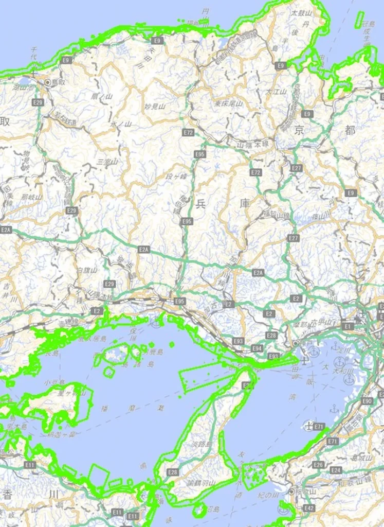 兵庫県で共同漁業権が設定されているエリア。このエリア内では、伊勢海老釣りは伊勢海老が対象になっていれば禁止。
