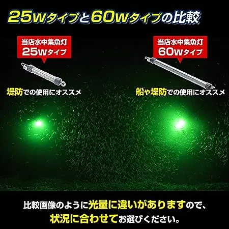 LED水中集魚灯の25ｗタイプと60ｗタイプの明るさの比較