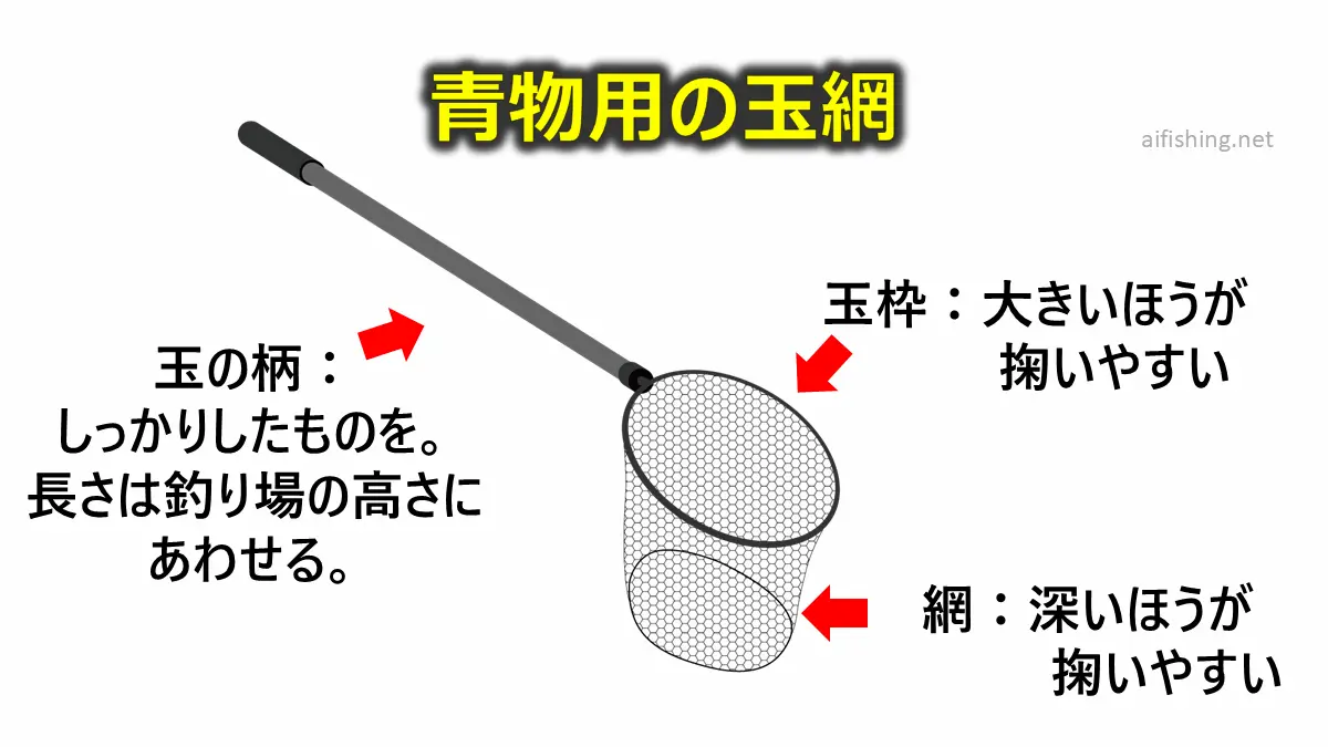 青物用の玉網はしっかりとした玉の柄、大きな玉枠、深い網のものがよい。