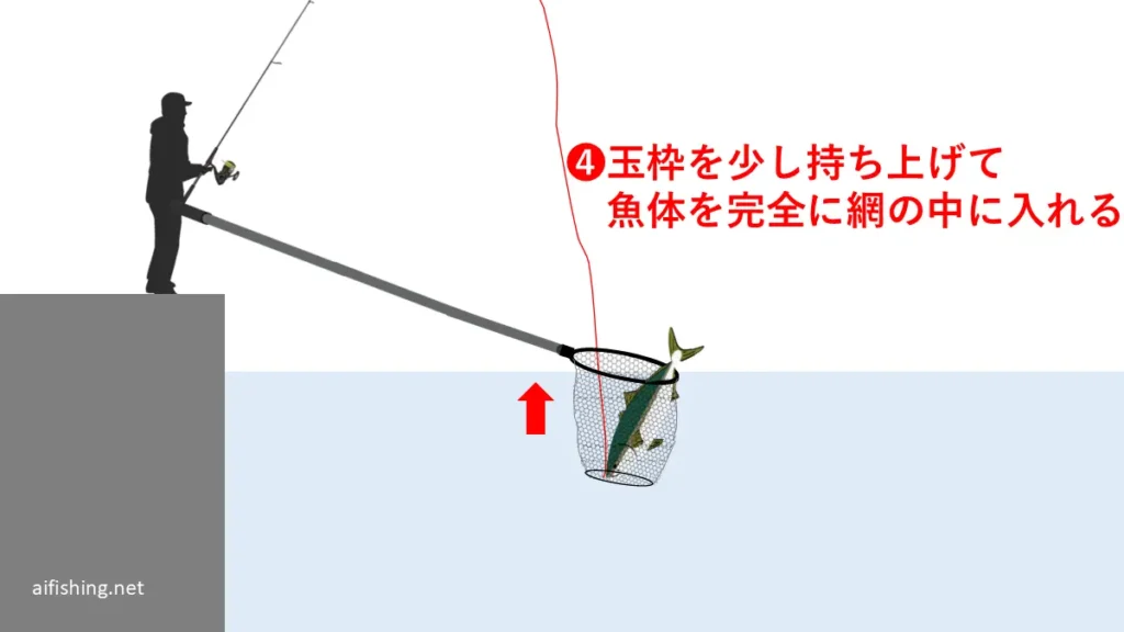 取り込みのステップ4:玉枠を持ち上げて魚体を網の中に入れる