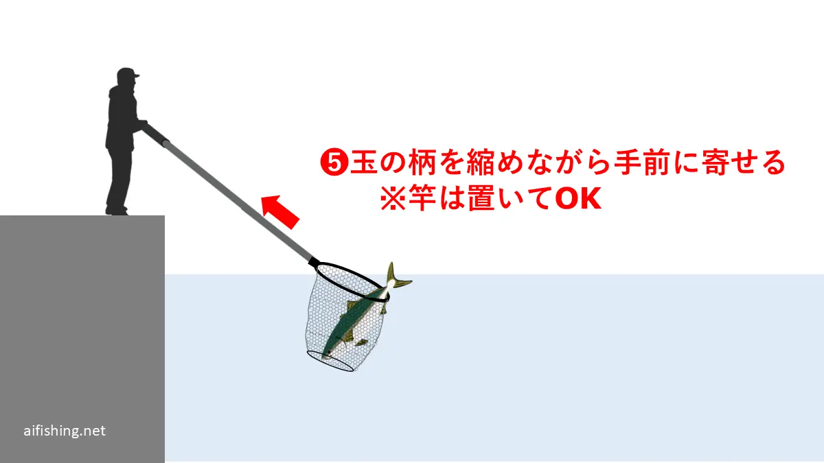取り込みのステップ5:玉の柄を縮めながら手前に寄せてくる